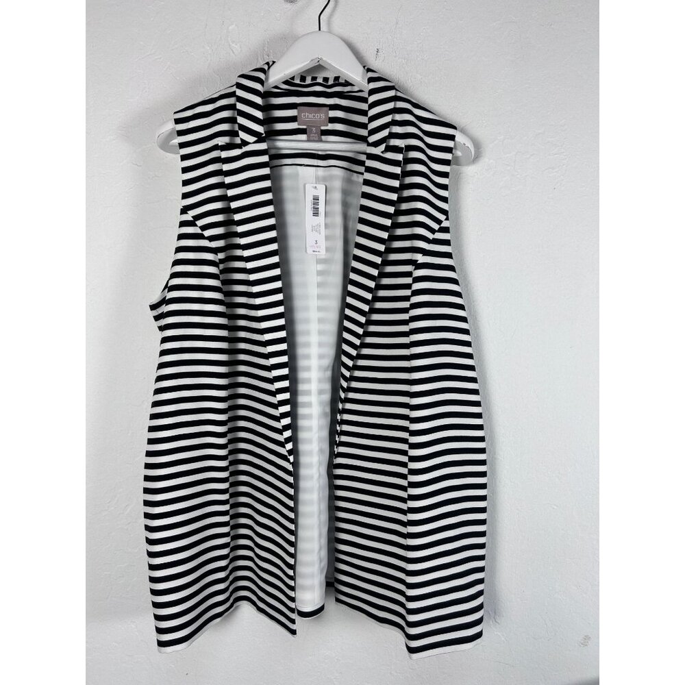 Chico's Womens Black White Stripe Galore Notch Vest Open-Front Size 3 Casual New